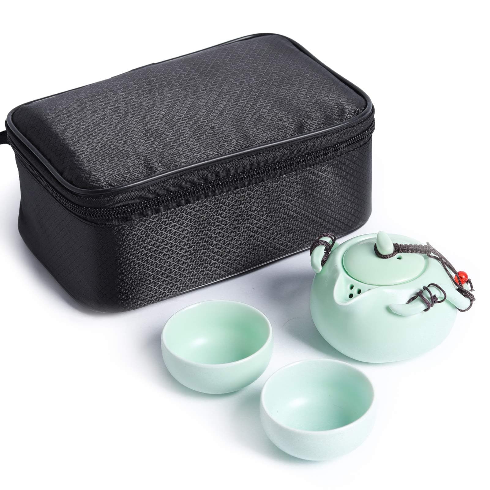 Portable Travel Tea Set - 100% Handmade Chinese/Japanese Vintage Kungfu Tea Set - Porcelain Teapot & Teacups with a Portable Travel Bag (Green)