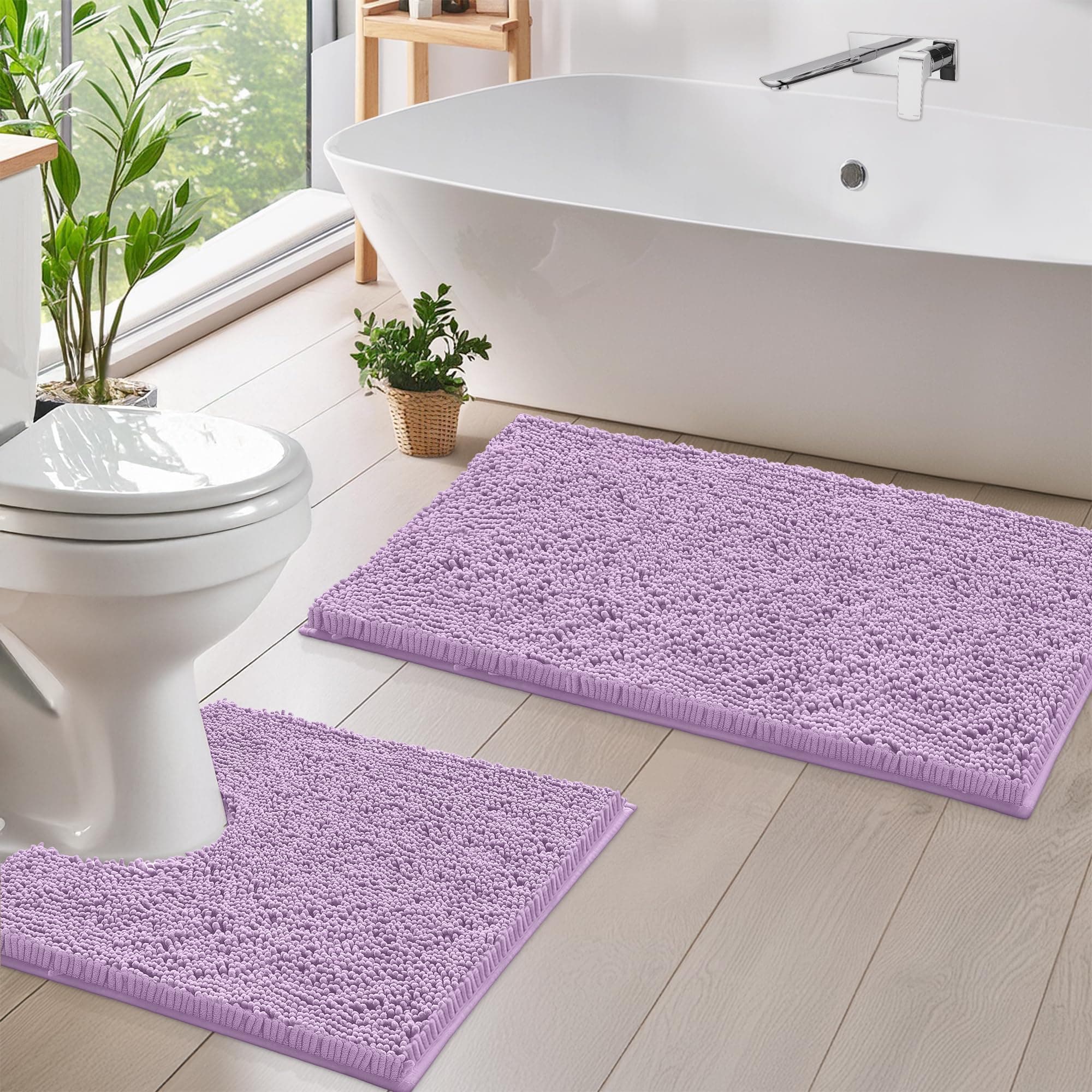 Lavender Bathroom Rugs Sets 2 Piece, Luxury Chenille Bath Mat Set, Soft Lush Anti-Slip Bath Rug + U-Shaped Toilet Mat. Microfiber Shaggy Carpet, Super Absorbent, Lavender, 30 x 20''+ 20x 20 U''.