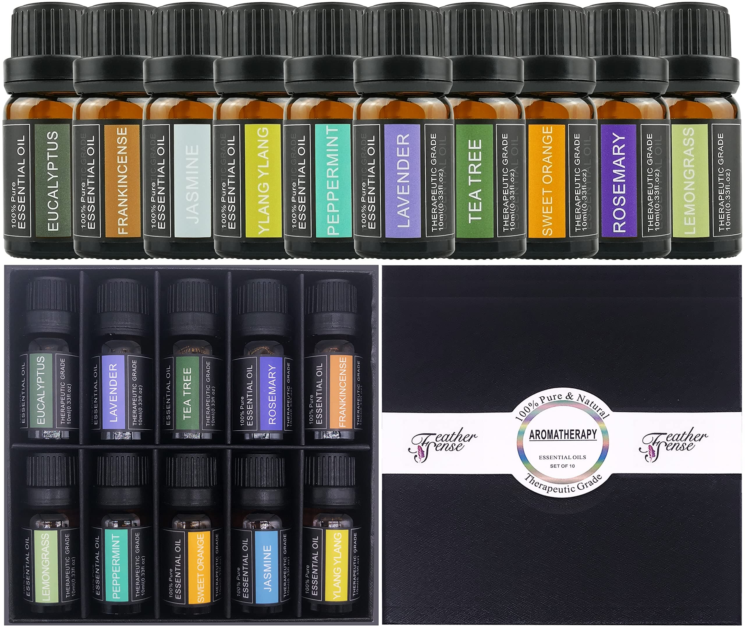 FEATHER SENSE Essential Oils 100% Pure 10 Scents Oil-Based Therapeutic Grade Oils kit- Top Aromatherapy Oils Gift Set-10 Pack, 10ML, Valentine Gift for Women Her Girls (10 Scents)