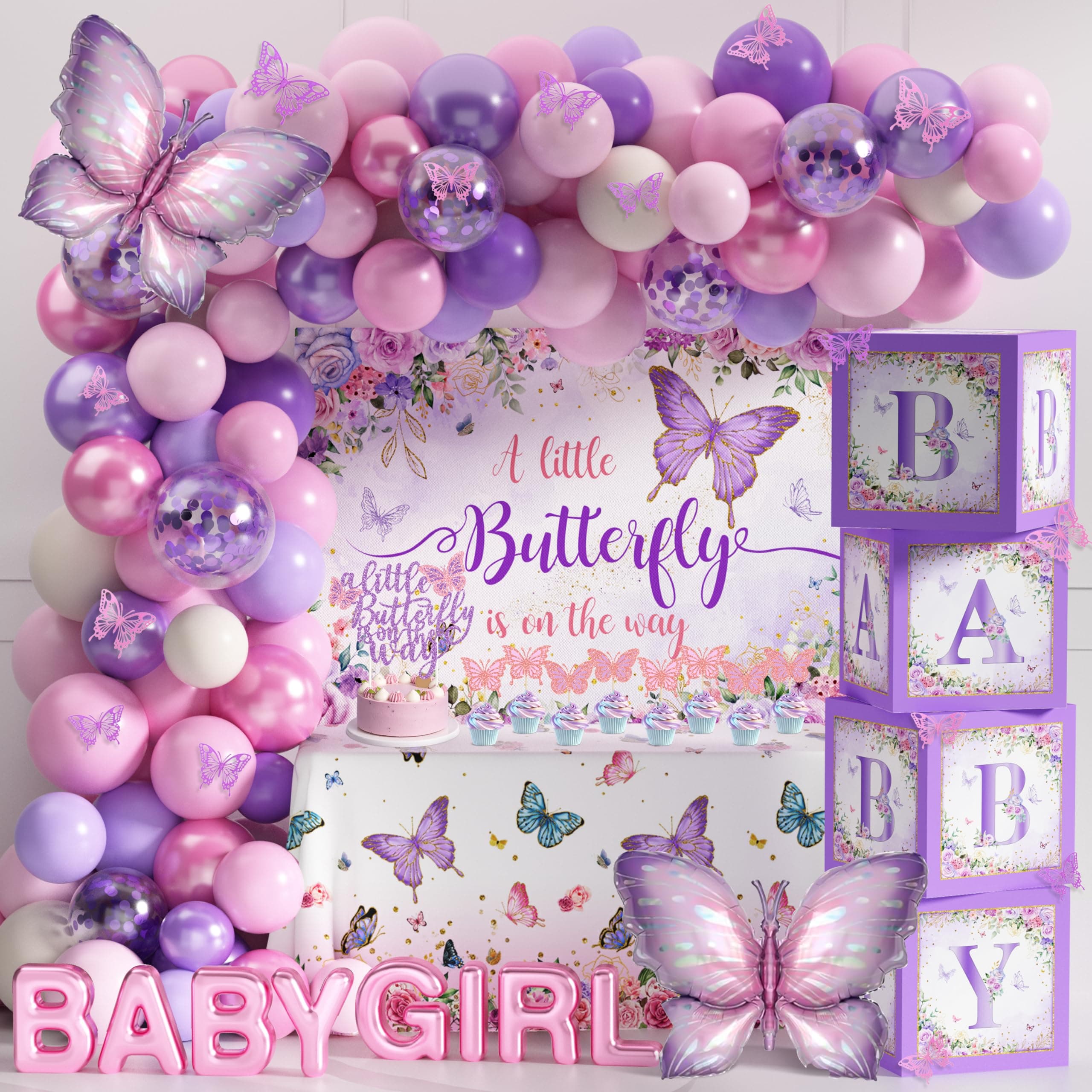 TREWAVE Butterfly Baby Shower Decorations for Girls A Little Butterfly Is On The Way Party Backdrop Cake Toppers Stickers Pink Purple Balloons Boxes for Girl Birthday Baby Shower Decor