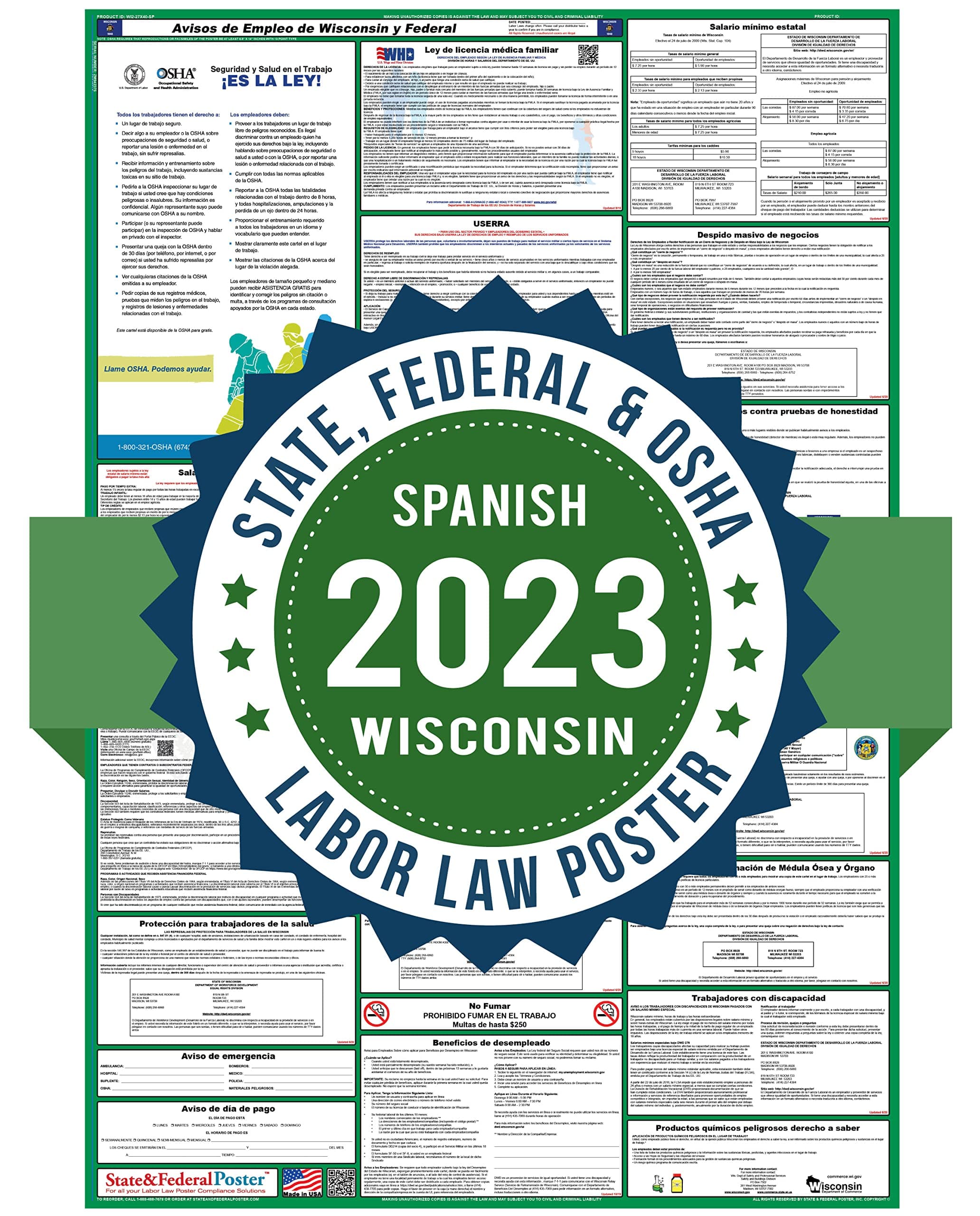 Spanish 2022 Wisconsin Labor Law Posters (Laminated) Combo State and Federal Poster 27"x40"