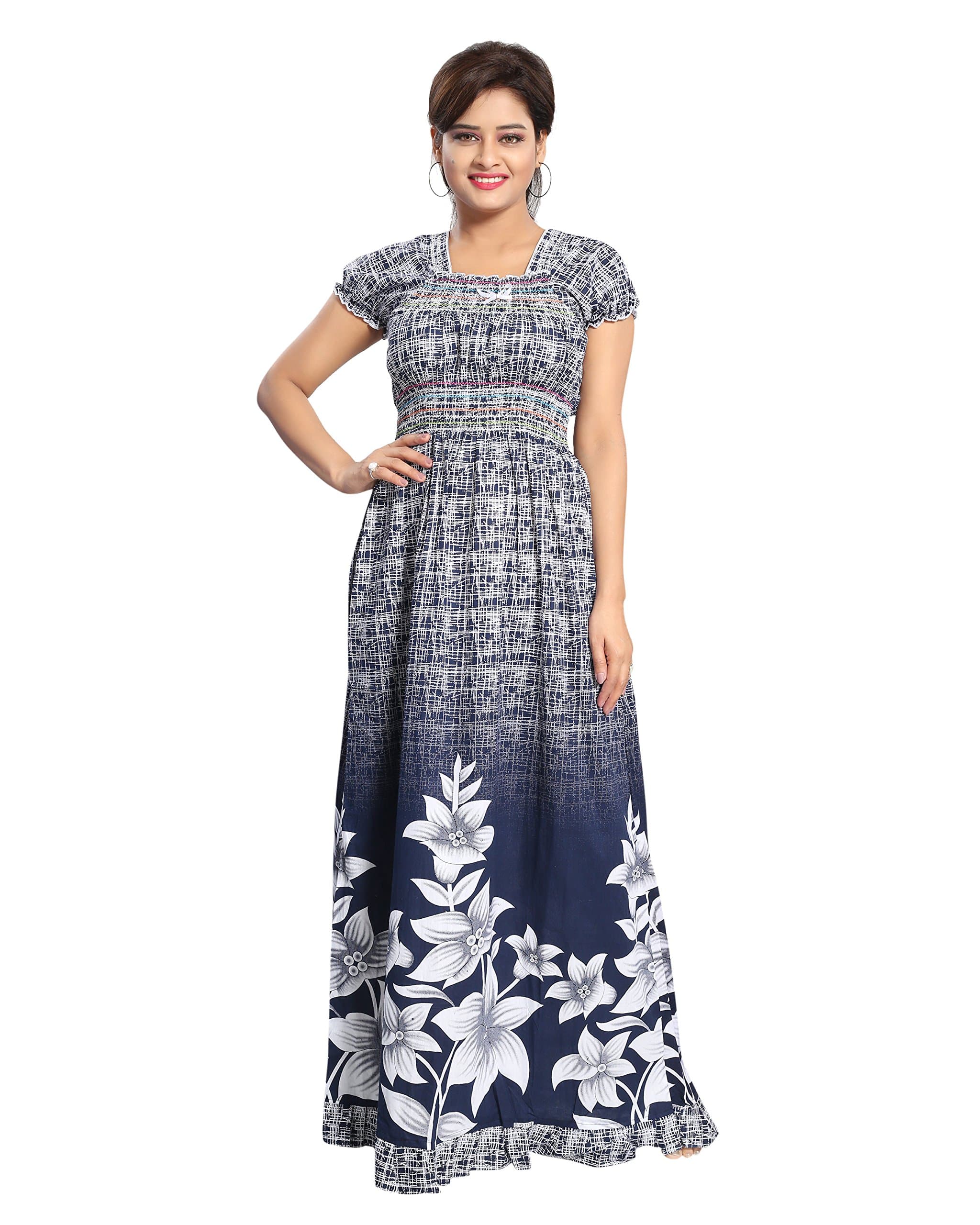 Inner Beats Women's Cotton Floral Maxi Nighty (PSN069, Grey, Free Size)
