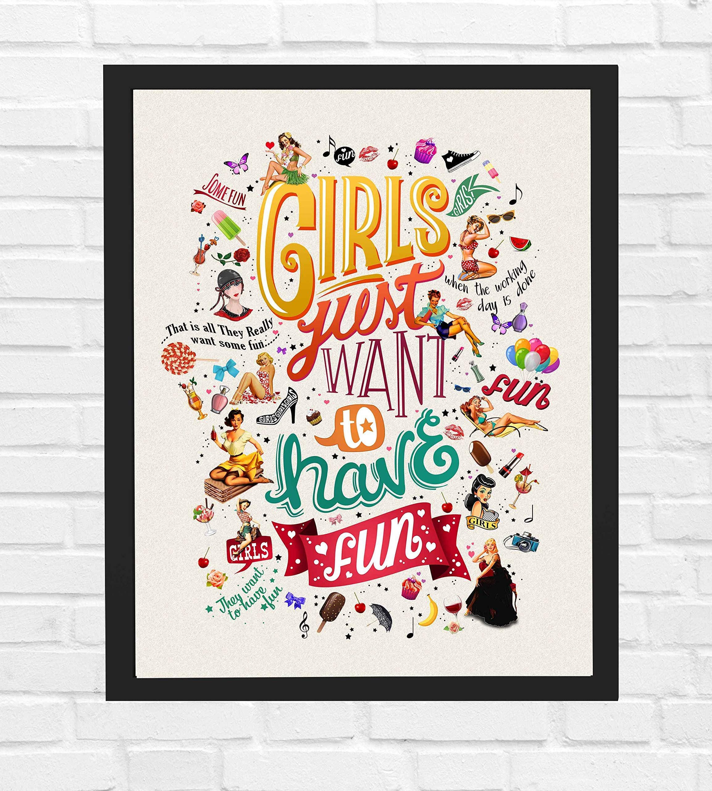 Cyndi Lauper - Girls Just Want to Have Fun | Vintage Music Lyrics Wall Art, This Ready to Frame Music Wall Art Poster Print is Good For Home, Music Room, Studio, And Girls Room Decor, Unframed - 8x10”