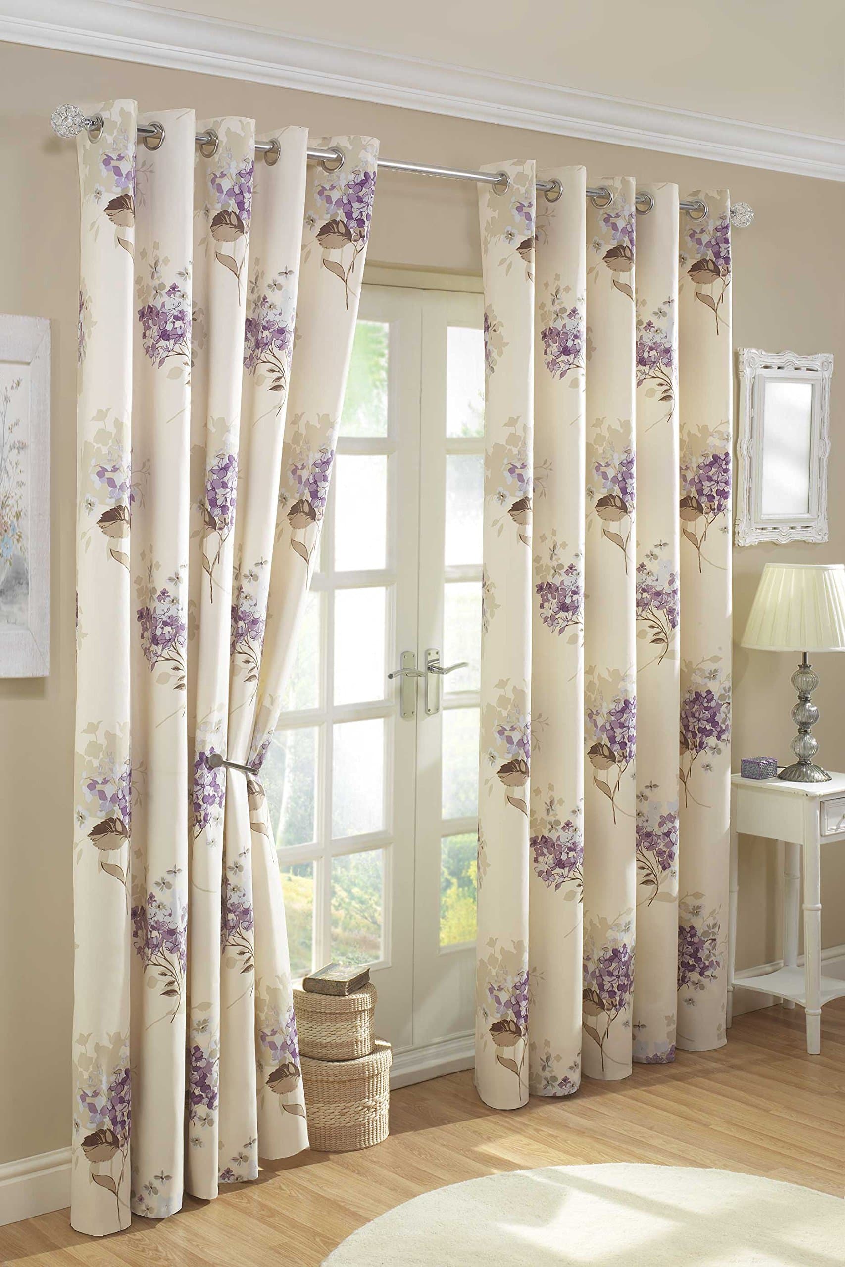 90" x 90" Aston Lavender Curtains, Lined Eyelet / Ring Top, Floral Bouquet Print, Lilac Purple Cream Beige Latte