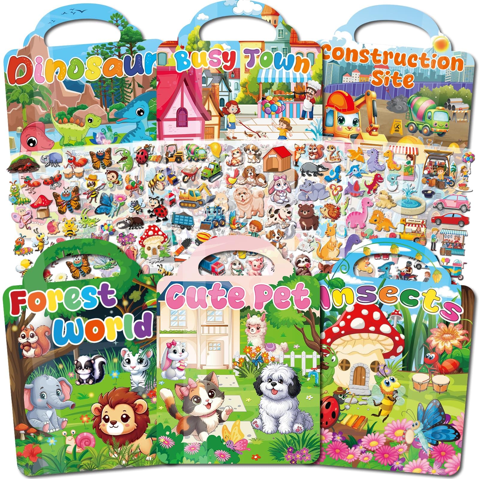 6 Pack Reusable Sticker Books for Toddlers, 340+ 3D Puffy Stickers for Children Include Monster World, Insects,Forest Desert Polar World,Amusement Park, Travel Airplane Activity Packs for Kids