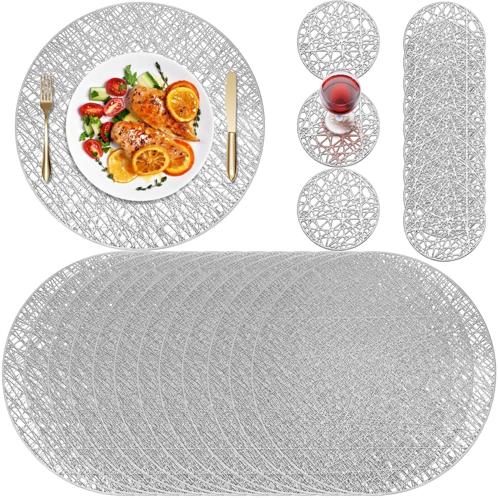 Vesici Round Pressed Vinyl Placemats Metallic Place Mat Coaster Set Including and Coasters Non Slip Heat Resistant Washable Hollow Table Mats for Dining Kitchen Decor (Silver, 24 Pcs)