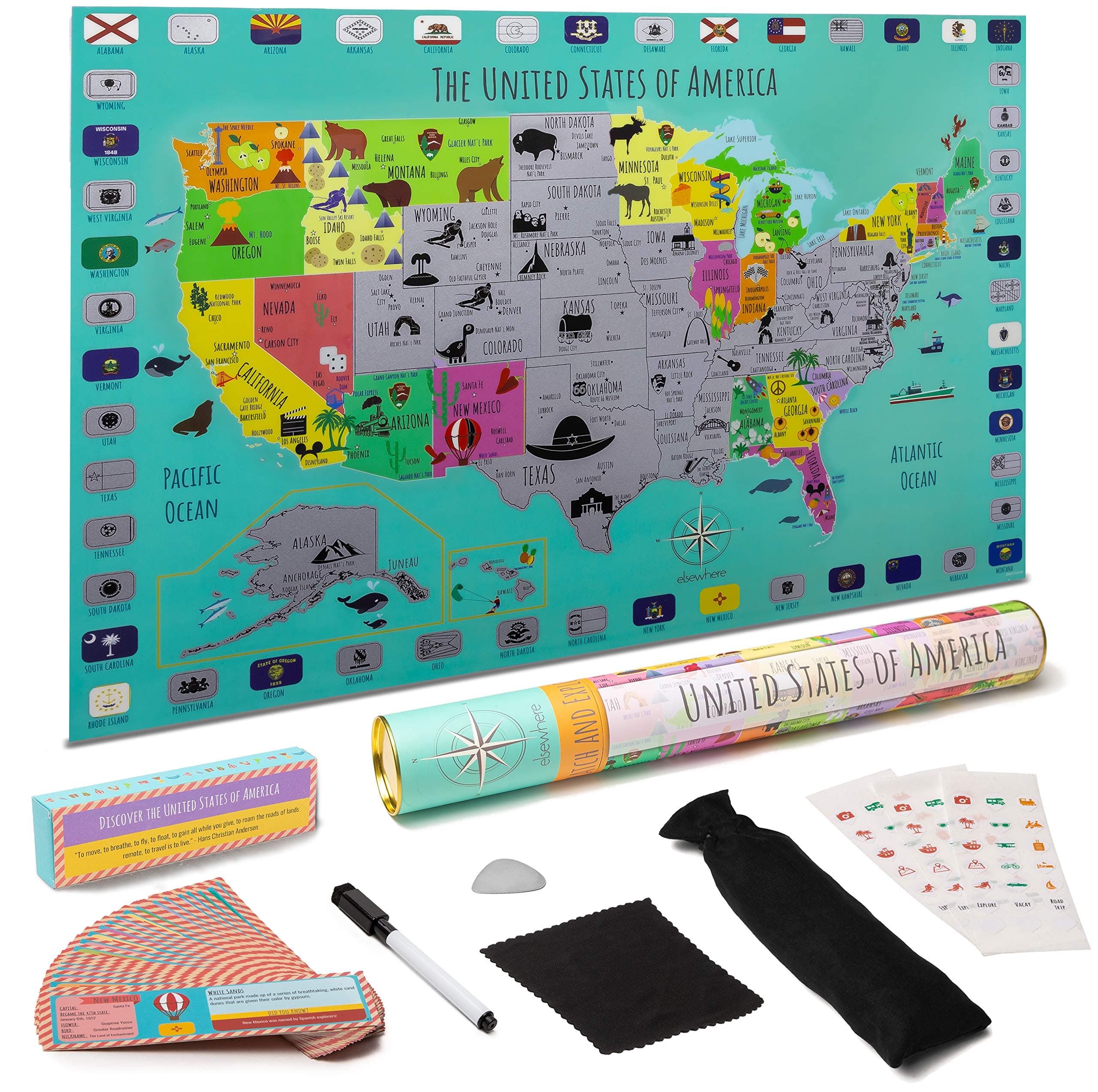 STEM Geo-Literacy USA Homeschool Toy for Kids | Fun way to teach from home! | National Parks, Flags | 64 Landmarks & Learning Cards, Stickers| Writable Surface, Marker | Gift-Ready Packaging