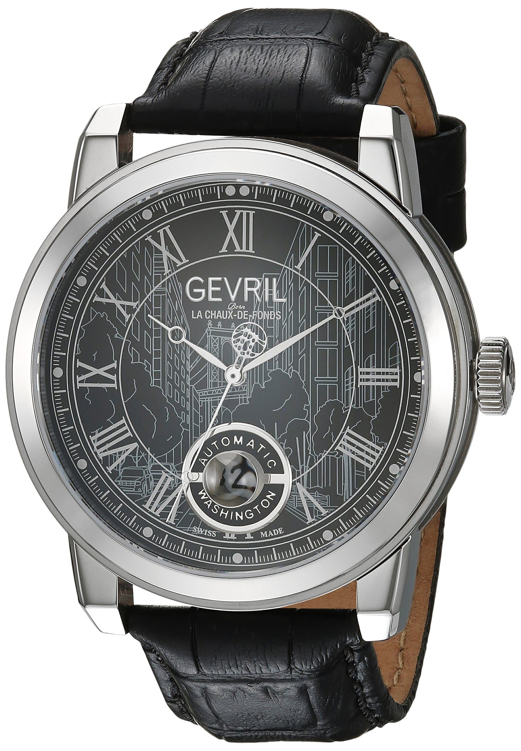 Gevril Washington Men's Swiss Automatic Black Leather Strap Watch, (Model: 2621L)
