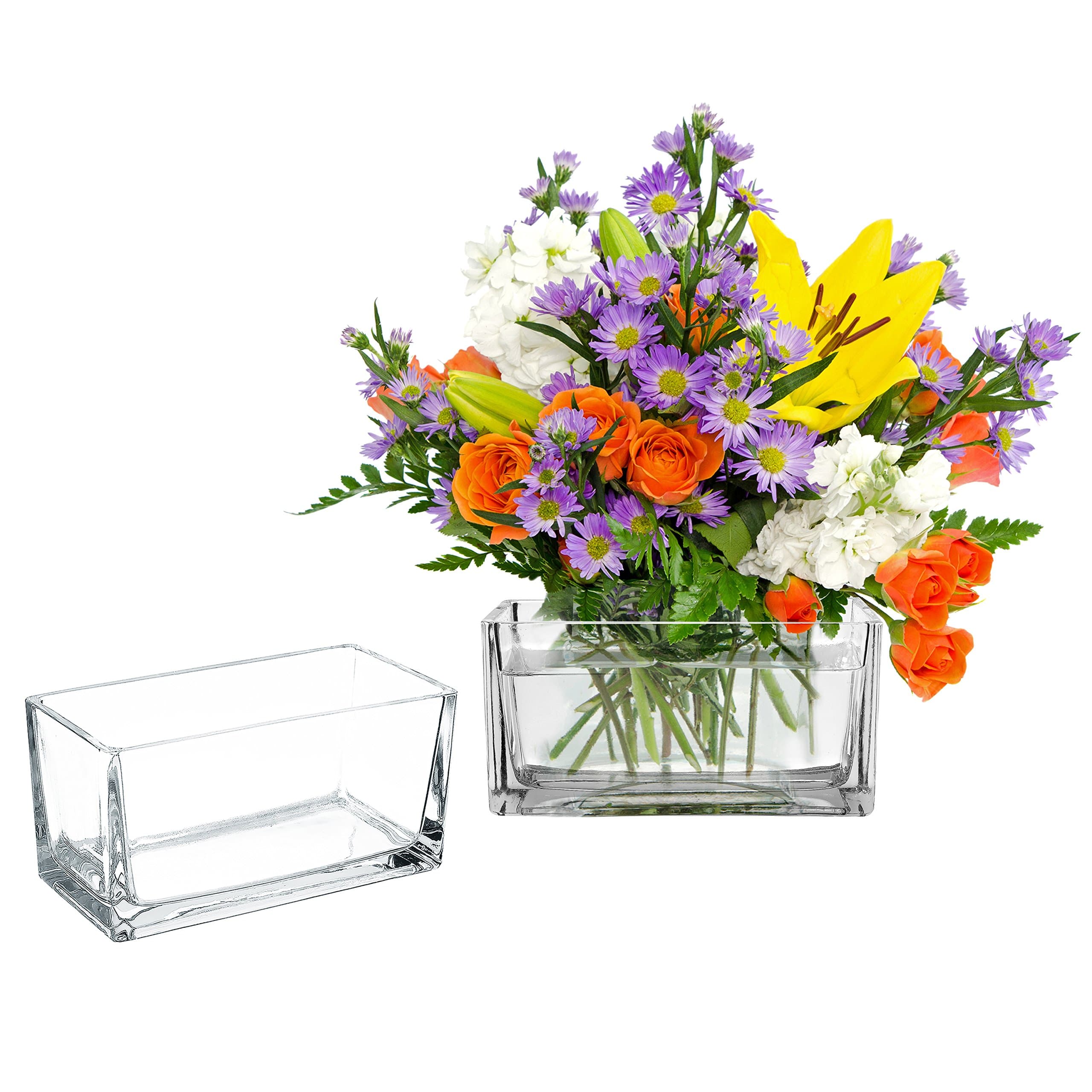 7.5 Inch Modern Clear Glass Rectangle Block Vase, Centerpiece for Wedding, Set of 2