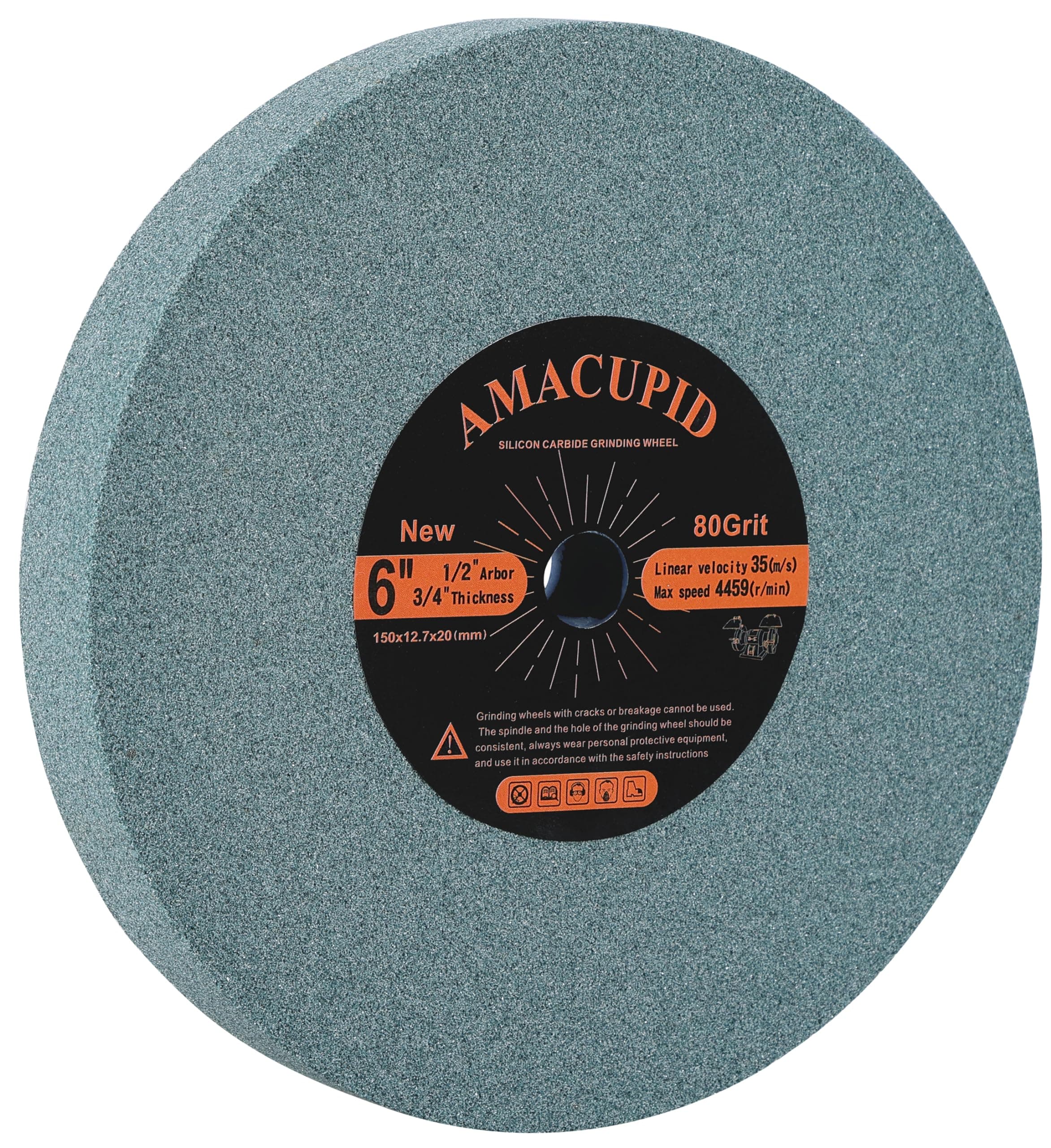 Bench Grinding Wheel 6 inch, Green Silicon Carbide Abrasive. For Sharpening Carbide Tools, Products of Non-Metallic Materials. 1/2" Arbor, 3/4" Thickness, 80 Grit
