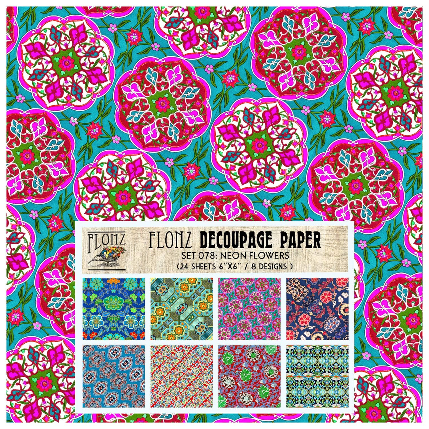 Decoupage Paper Pack (24 Sheets 6"x6") Neon Flowers Patterns FLONZ Vintage Styled Paper for Decoupage, Craft and Scrapbooking