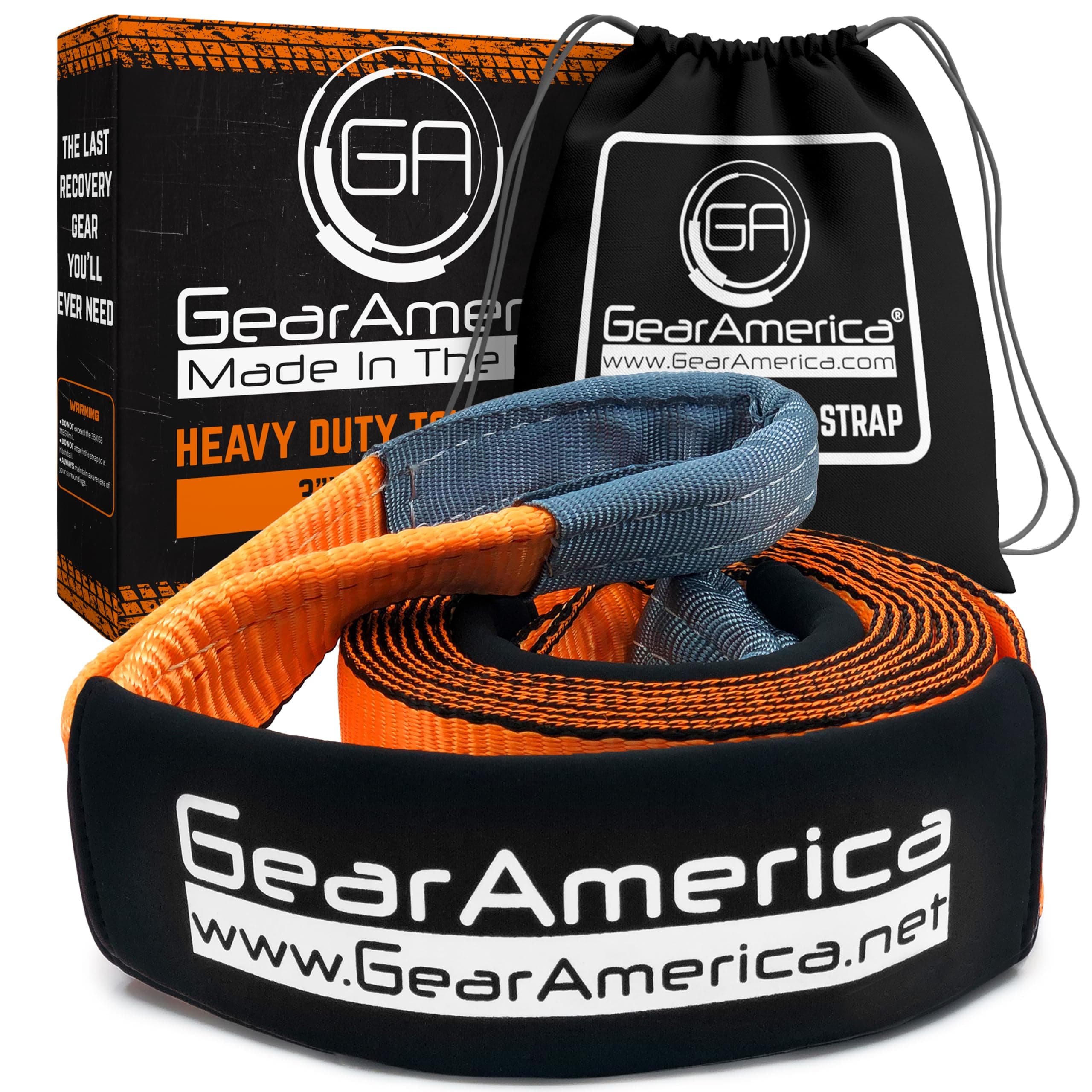 GearAmerica Heavy Duty Tow Strap 3" x20' | 35,000 lbs (17.5 US Tons) Strength | Use for Emergency 4x4 Towing, Recovery, or Winch Extension | Triple Reinforced Loops, Protective Sleeves & Storage Bag