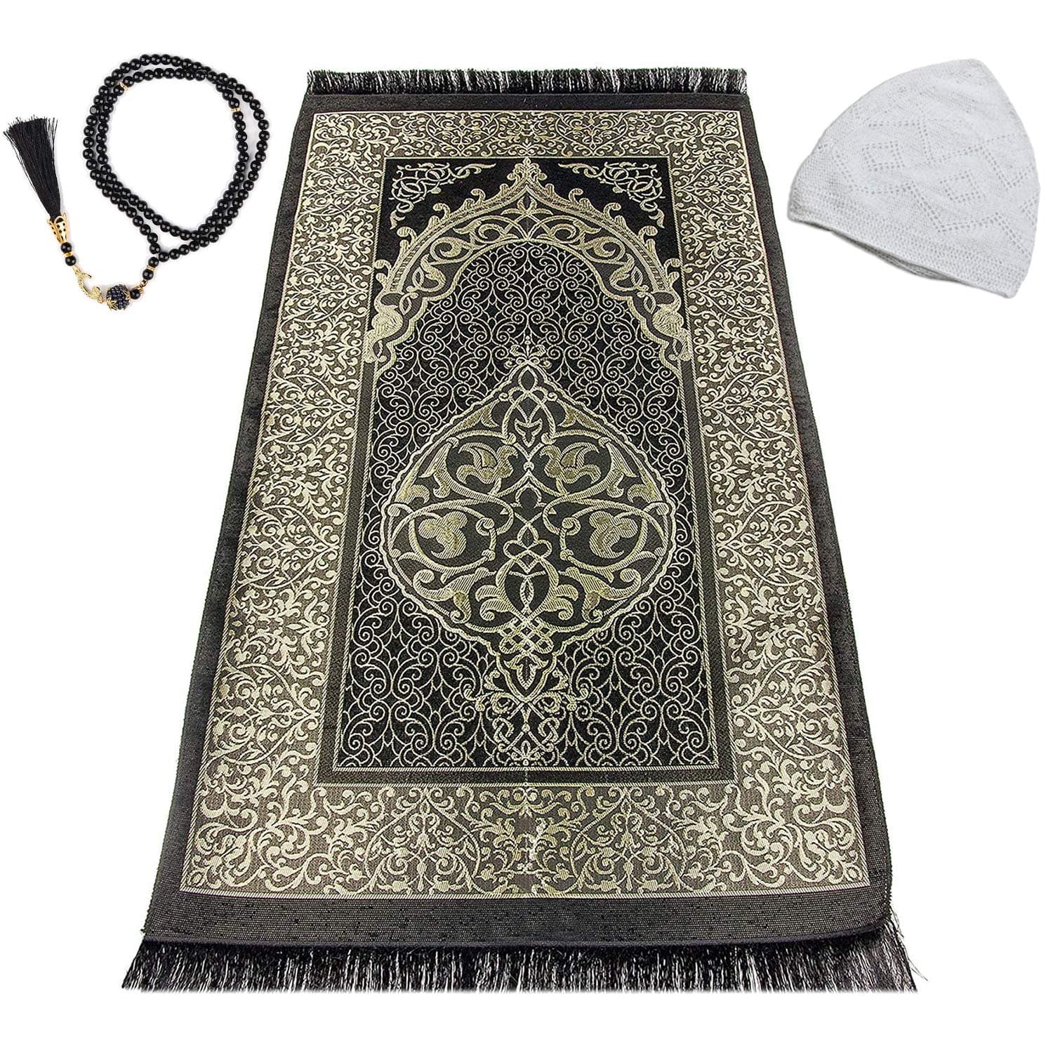 JILANI HANDICRAFTJILANI HANDICRAFT - Muslim Prayer Rug - Prayer Mat Muslim for Men and Women - Perfect Ramadan Gifts - Kufi Hat - Special Turkish Design Portable Prayer Mat, Prayer Beads and Prayer Cap (Black)