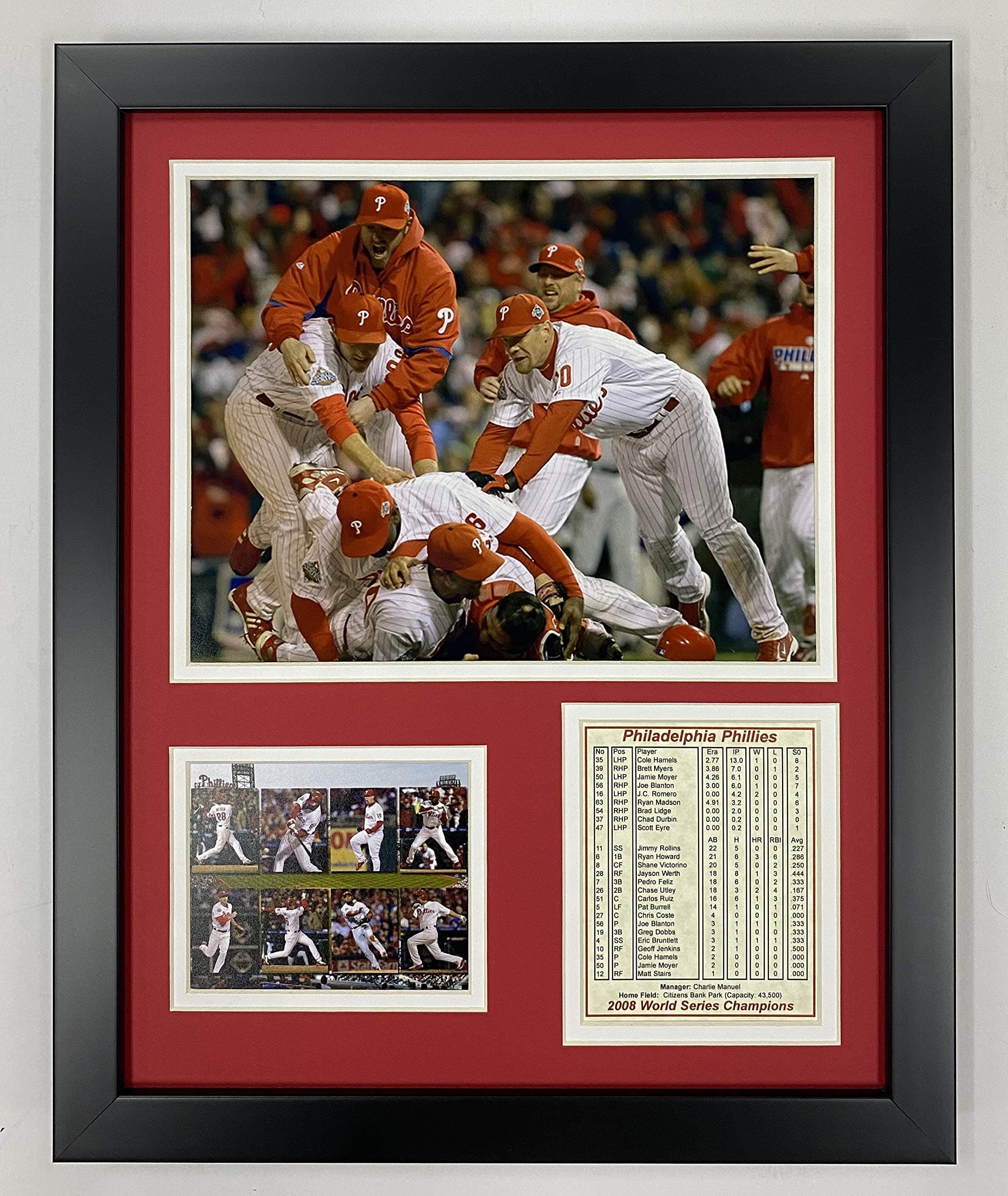 Legends Never Die Philadelphia Phillies 2008 MLB World Series Champs Collectible | Framed Photo Collage Wall Art Decor - 12"x15", Model: 11369U