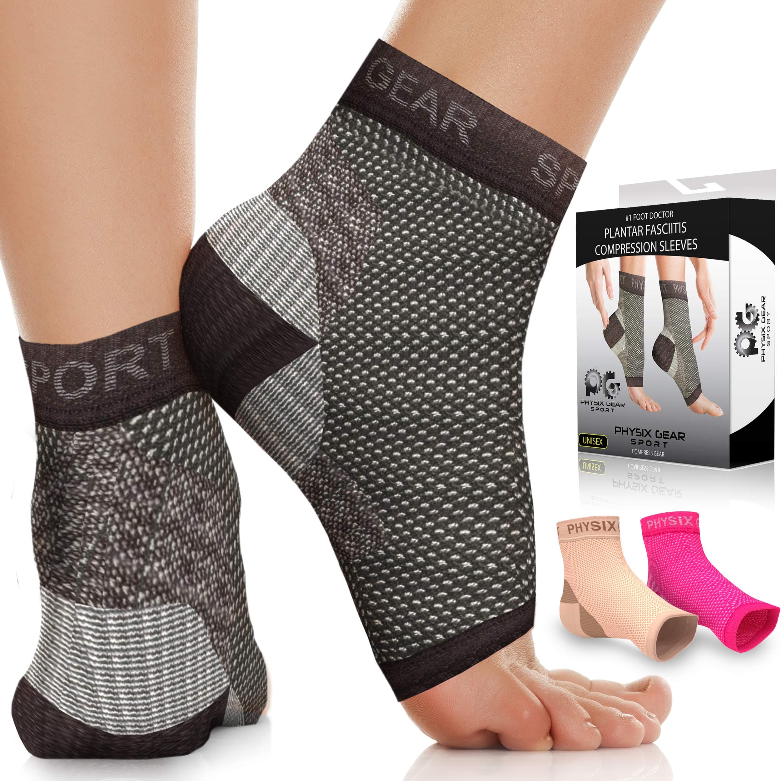 Physix Gear Sport Plantar Fasciitis Socks with Arch Support for Men & Women - Ankle Compression Sleeve, Toeless Compression Socks Foot Pain Relief, Ankle Swelling Better than Night Splint, Black L/XL