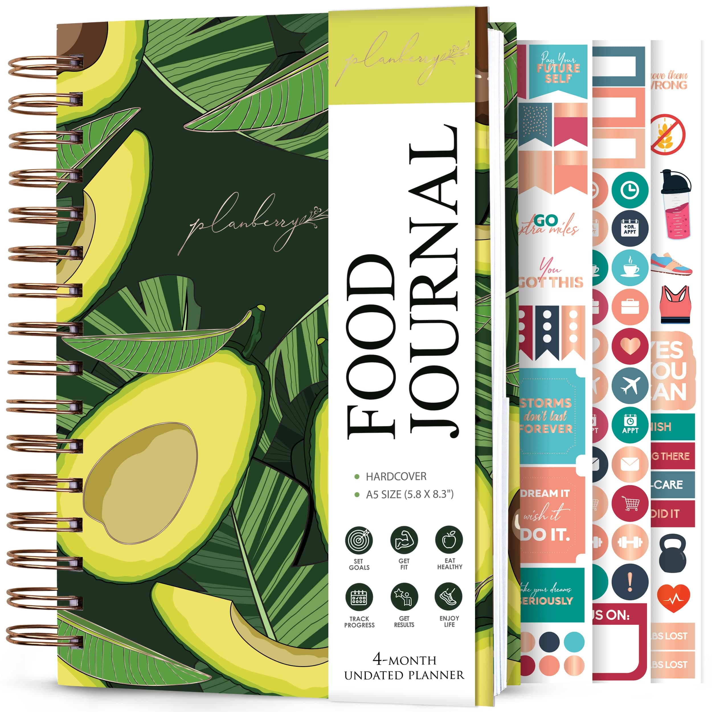 PLANBERRY Food Journal Premium – Nutrition Planner – Diet & Calorie Tracker – Meal & Exercise Diary – Weight Loss Journal (Avocado Green)