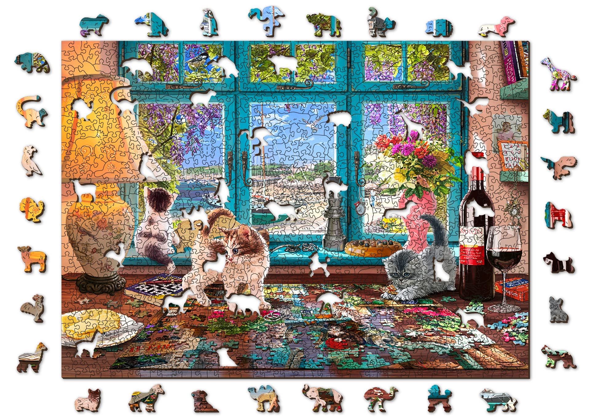 WOODEN.CITY 1000 + 10 Piece Wooden Jigsaw Puzzles Puzzler’s Desk - Advanced Crazy Cat Wooden Jigsaw Puzzles for Adults - Colorful Fun Wood Cat Puzzle with Unusual Animal Shaped Pieces - Puzzle
