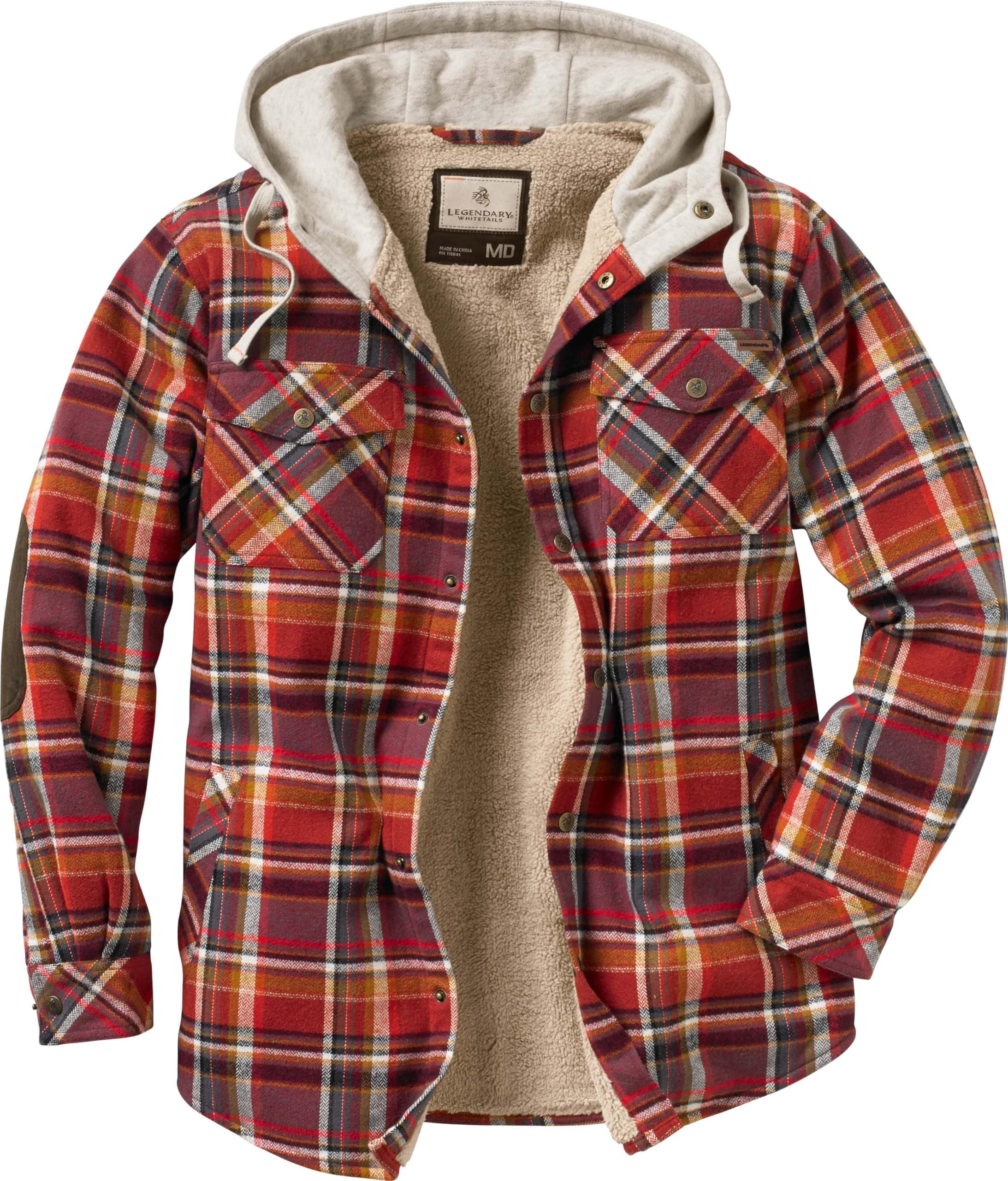 Legendary Whitetails Mens Hooded Shirt Jacket Plaid Flannel Berber Lined Polyfill Insulated Shacket