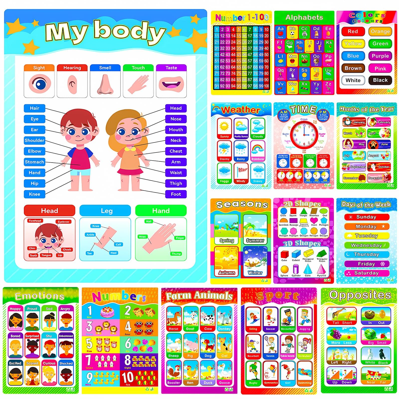 FYYZY 15 Pack Educational Posters for Toddler and Preschool Kids Classroom Learning Alphabet Poster Alphabet Numbers Shapes Colors Laminated Poster Chart Set