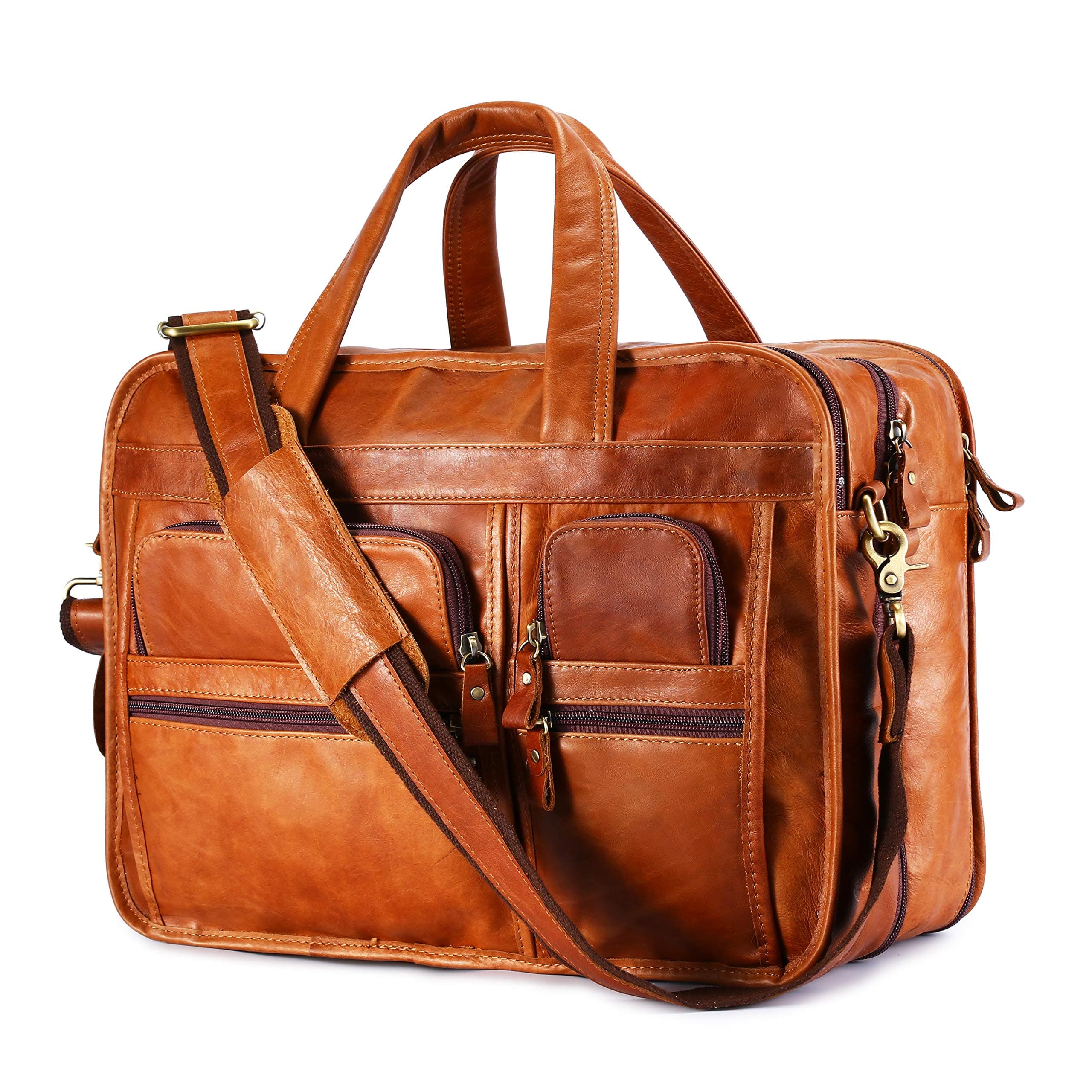 BAIGIO Men's Genuine Leather Briefcase 15.6 Inches Laptop Messenger Bag Vintage Business Tote (Tan)