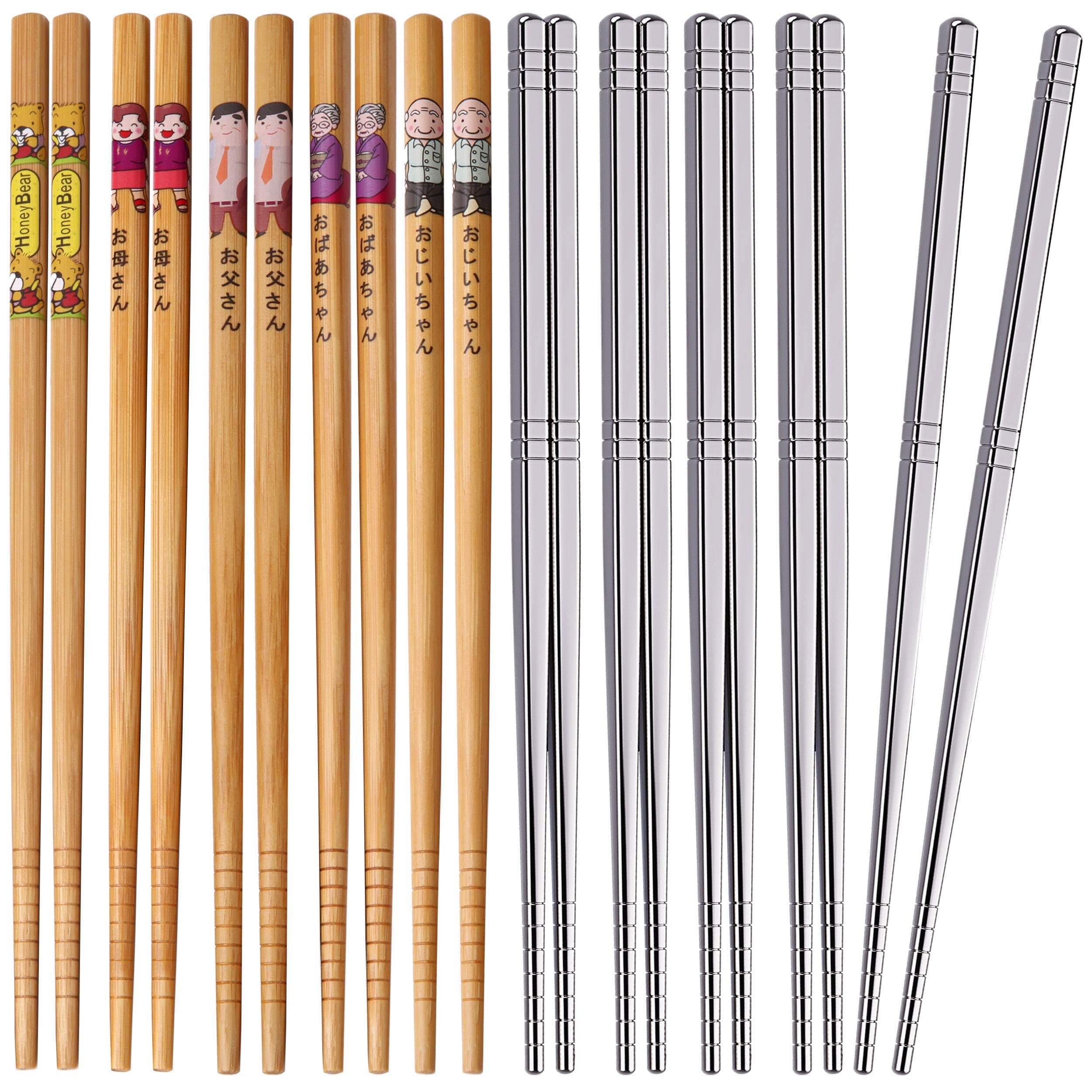 Omia 10 Pairs Premium Reusable Chopsticks Set - 5 Pairs Metal Stainless Steel Chopsticks with 5 Pairs Natural Wooden Bamboo Chopsticks Lightweight Easy to Use Chop Stick Utensils