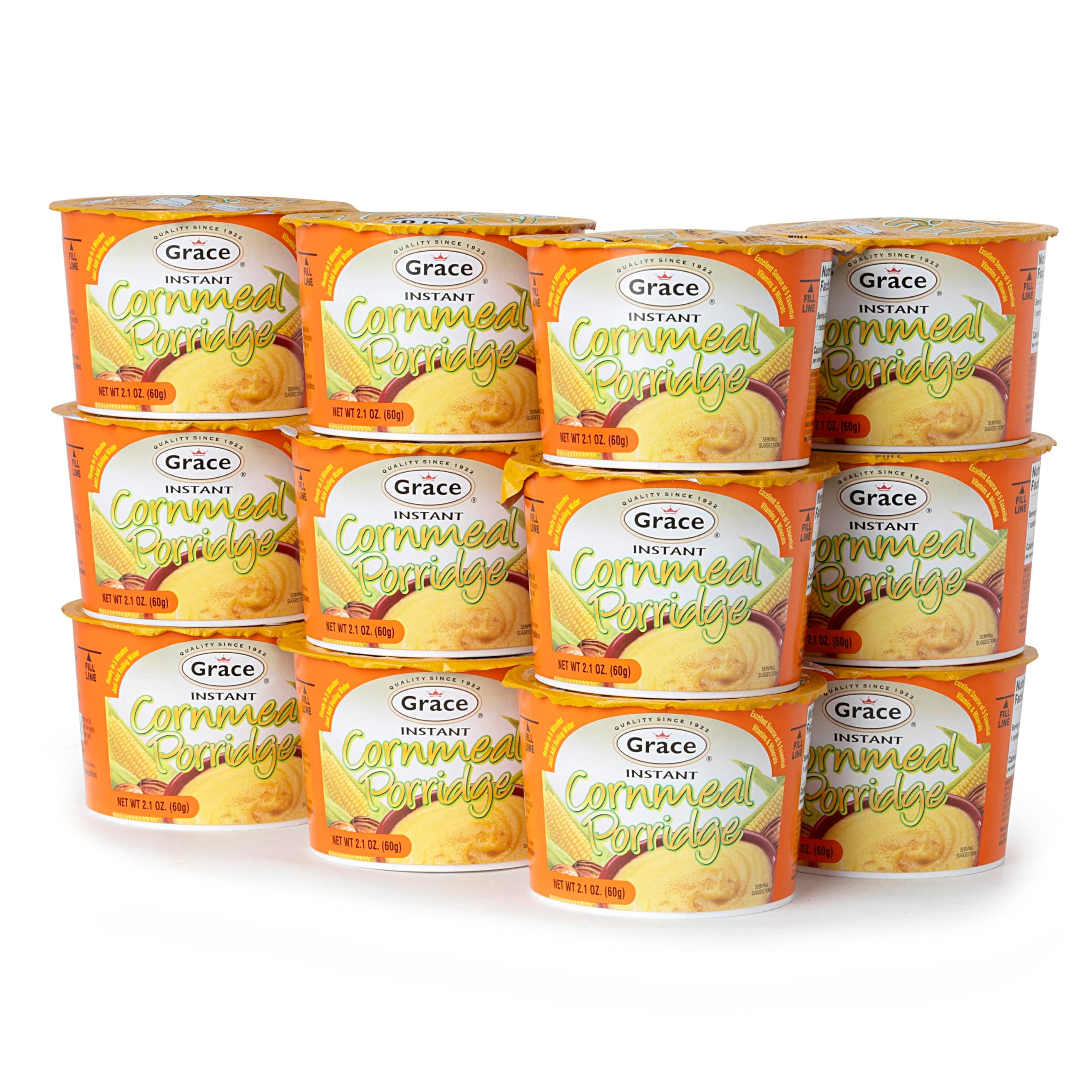 Grace Instant Cornmeal Porridge 12 Pack- 2.1oz Each - Jamaican Hot Cereal - Quick Breakfast Mix - Ready in Minutes
