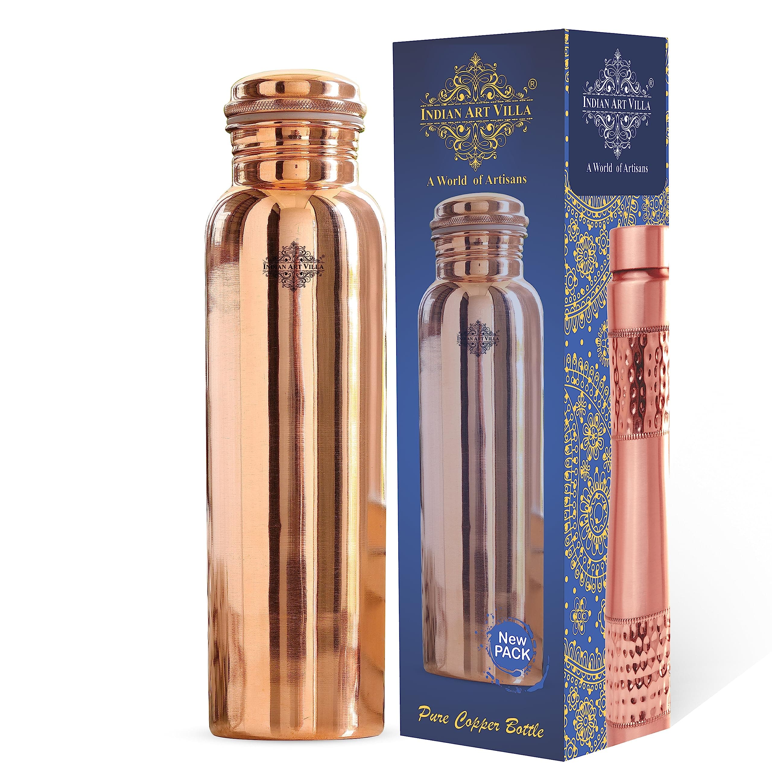 Pure Copper Leak Proof Bottle with Plain Shine Finish Design, Drinkware & Storage Purpose, Ayurvedic Health Benefits, Volume-750 ml