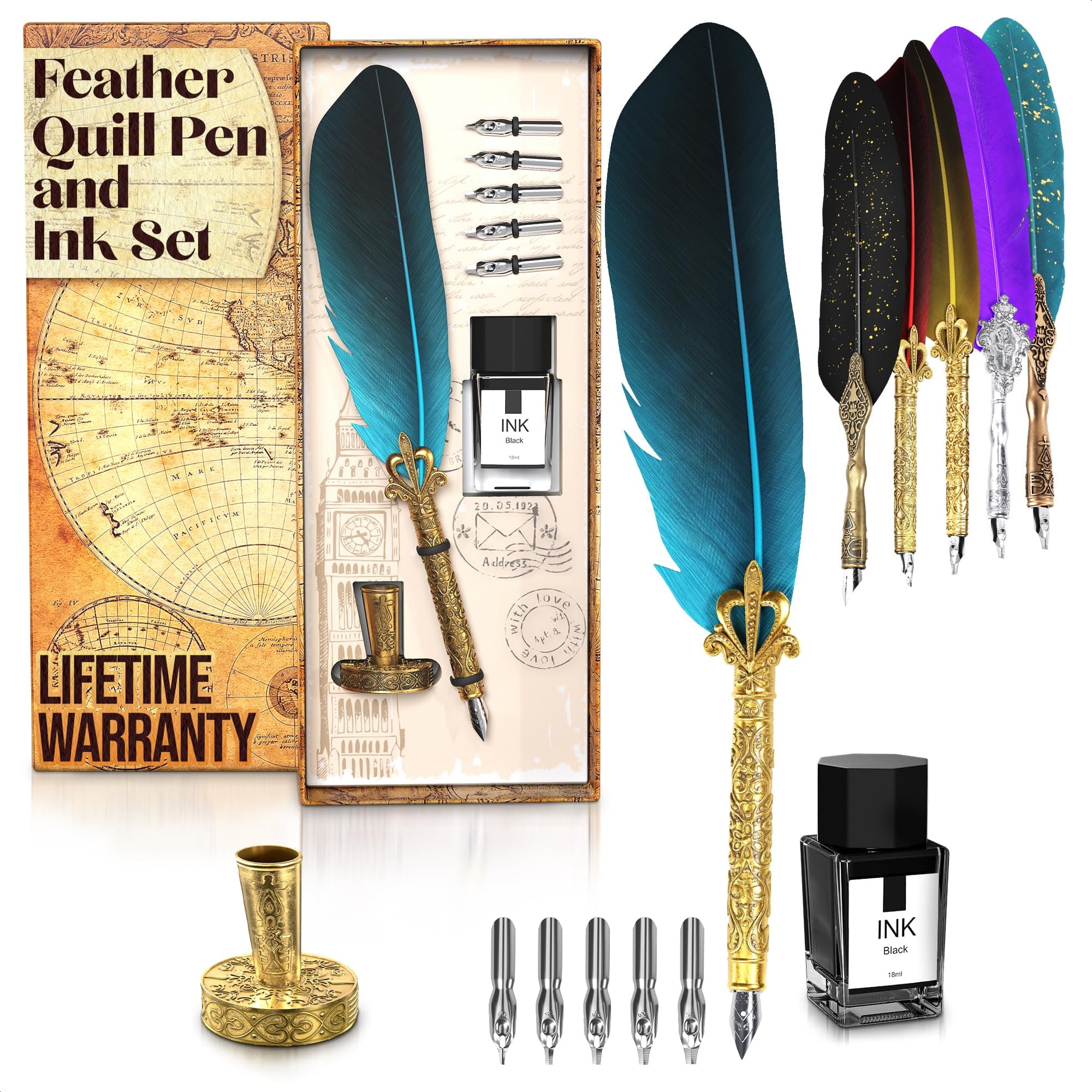 Vintage Feather Quill Pen and Ink Set - Elegant Blue Feather Pen and Ink Set for Signatures, Writing, and Drawing - Calligraphy Kit with Stainless Steel Nib for Beginners and Calligraphy Enthusiasts
