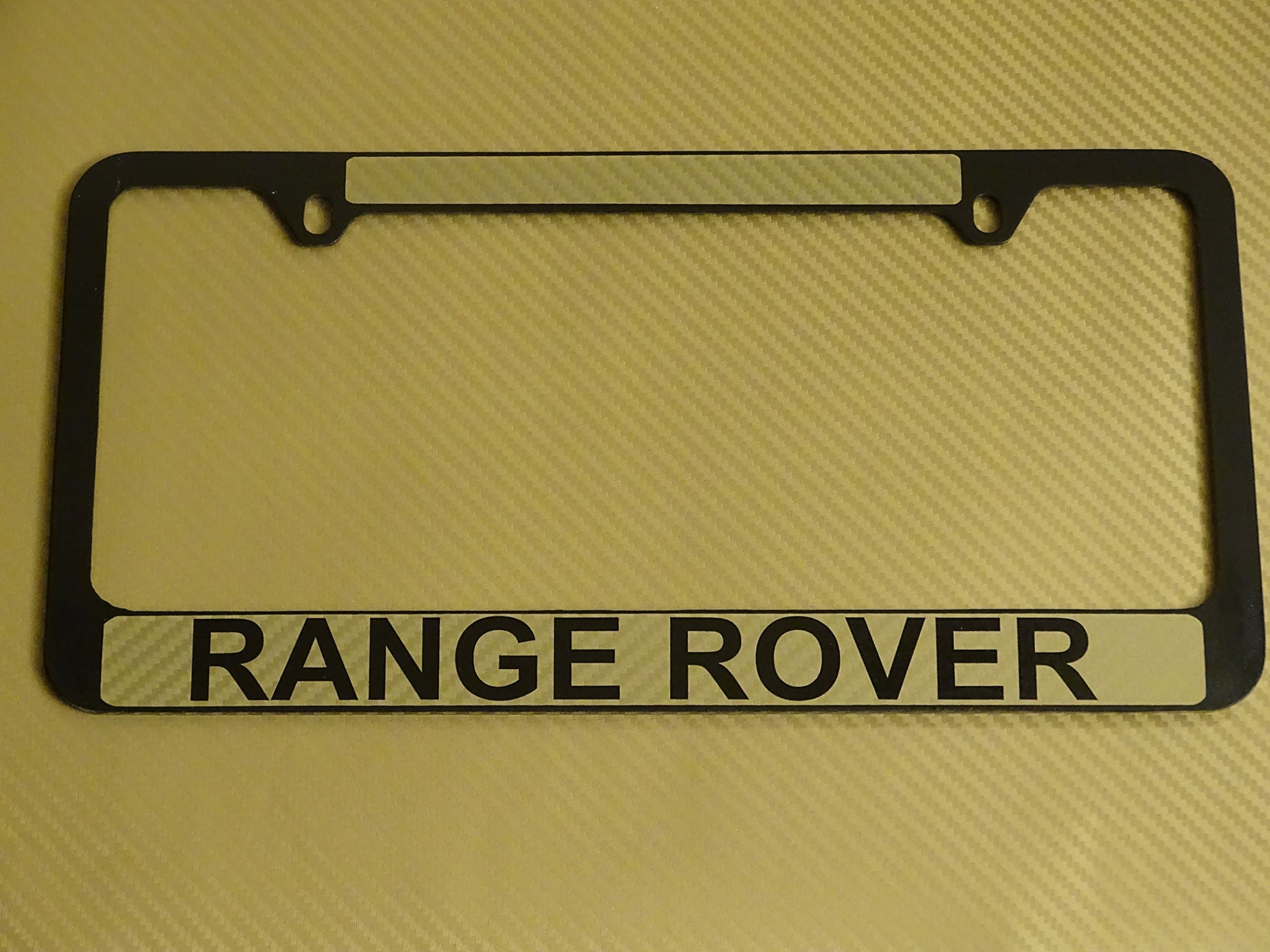Range Rover License Plate Frame Glossy Black Metal Gold Carbon Fiber Details