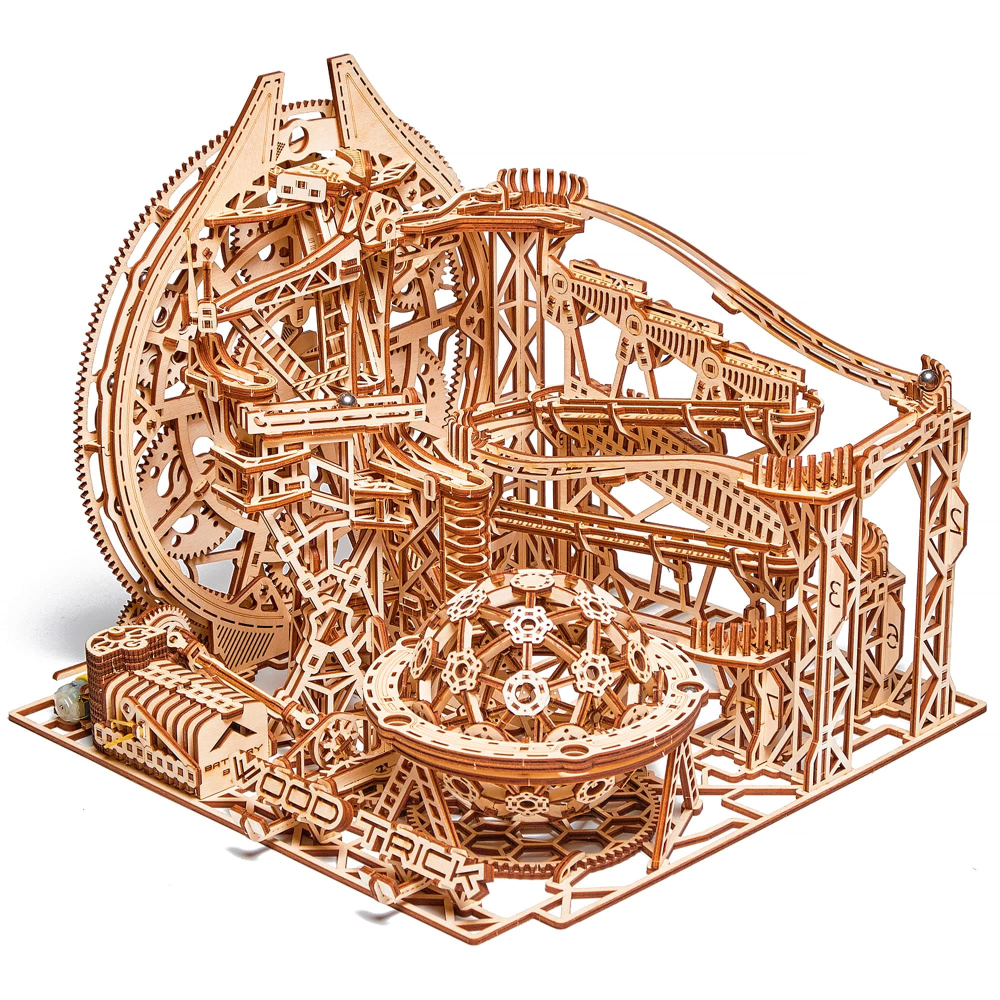Wood Trick Wooden Marble Run Electric Motorized - 3D Wooden Puzzles for Adults and Kids to Build - 15x14 in - Roller Coaster Wooden Model Kits for Adults and Teens to Build